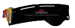 Black car dashboard cover with a brand logo on a white background