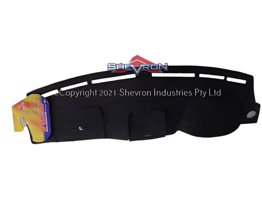 Black car dashboard cover with a tag on a white background, featuring the Shevron logo.