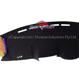 Black car dashboard cover with 'Shevron' branding on a white background