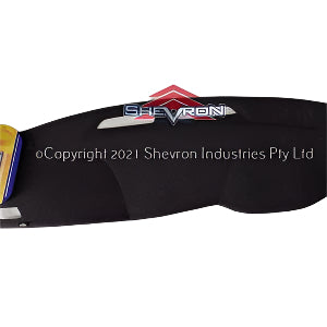 Black car mat with 'Shevron' logo on a white background