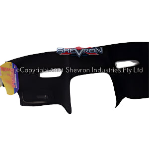 Black car dashboard cover with 'Shevron' logo on a white background